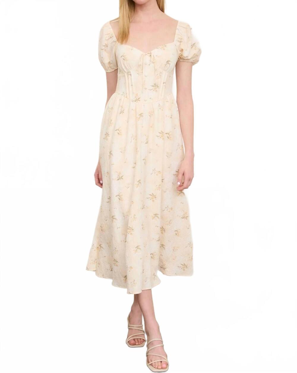 NEW MINE AND E&M floral sweetheart puff sleeve corset midi dress in khaki